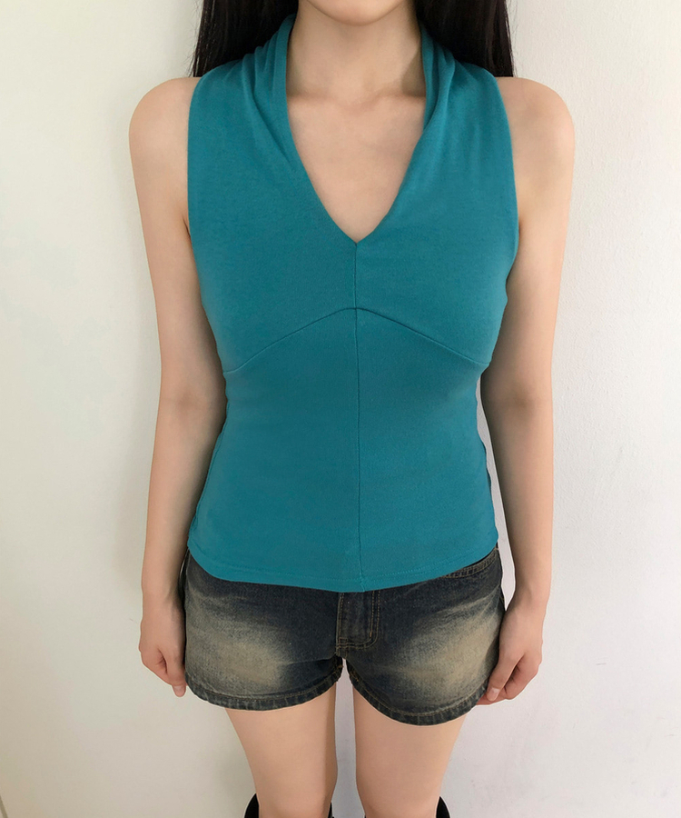 スリムホルターネックキャミソール(7color) TEEL BLUE