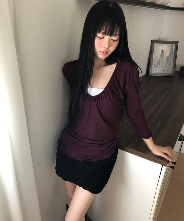 シャーリング七分袖Tシャツ DEEP PURPLE