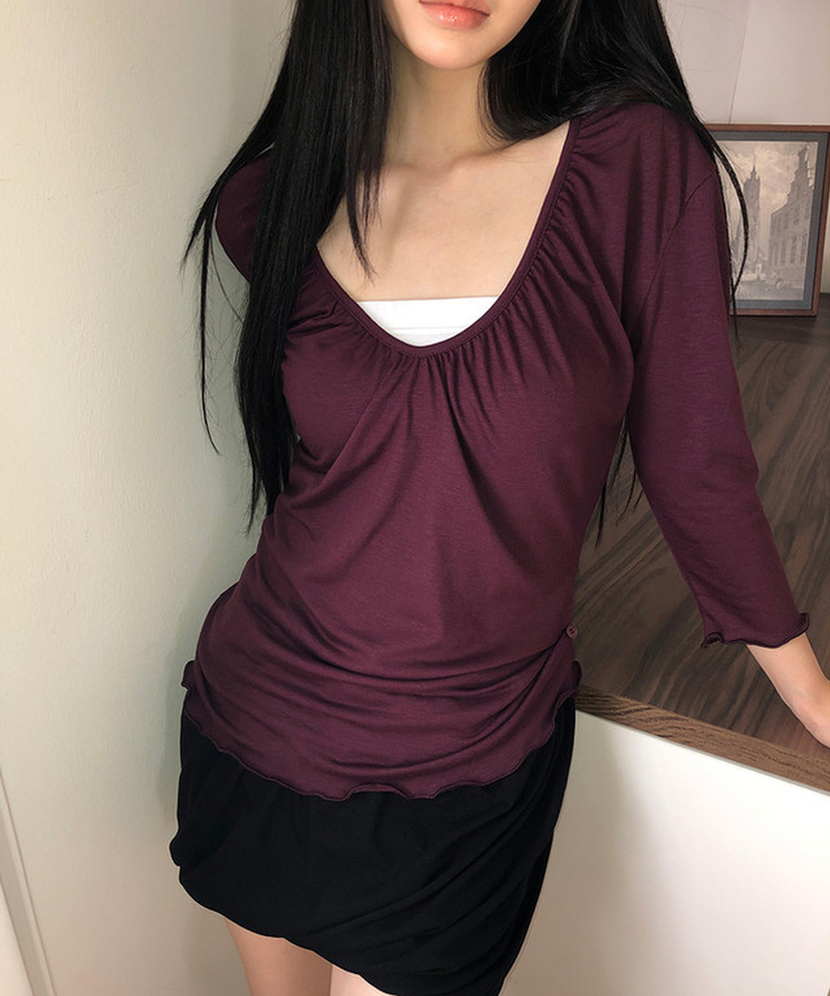 シャーリング七分袖Tシャツ DEEP PURPLE