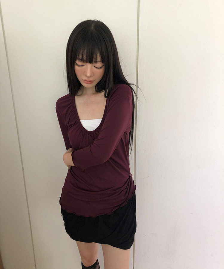 シャーリング七分袖Tシャツ DEEP PURPLE
