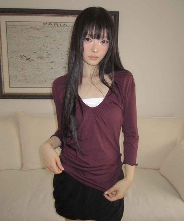 シャーリング七分袖Tシャツ DEEP PURPLE