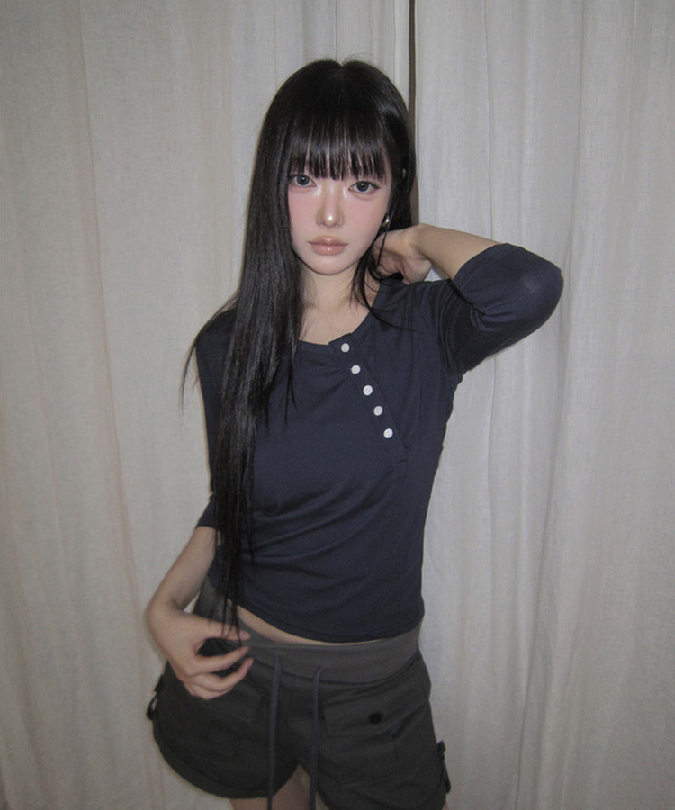 シャーリング七分袖Tシャツ NAVY