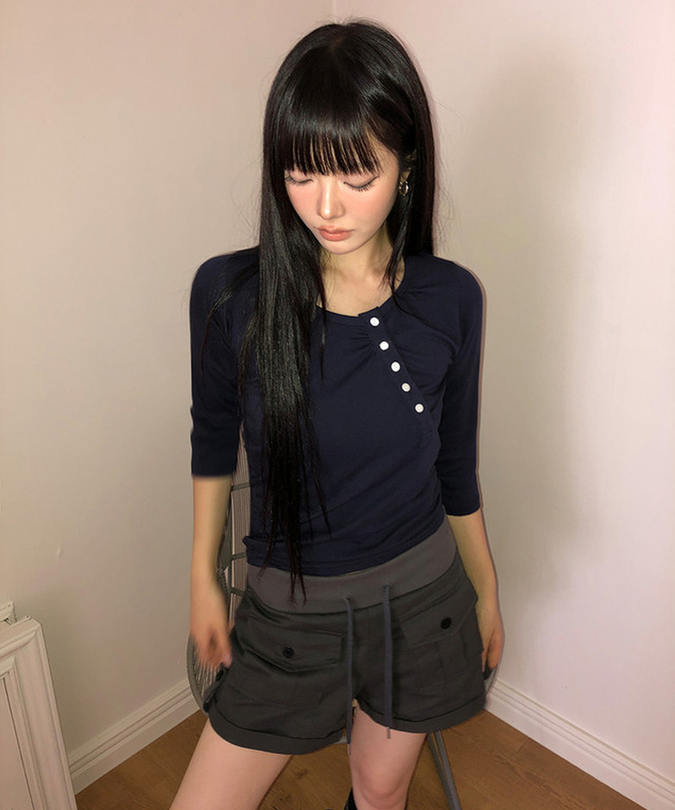 シャーリング七分袖Tシャツ NAVY