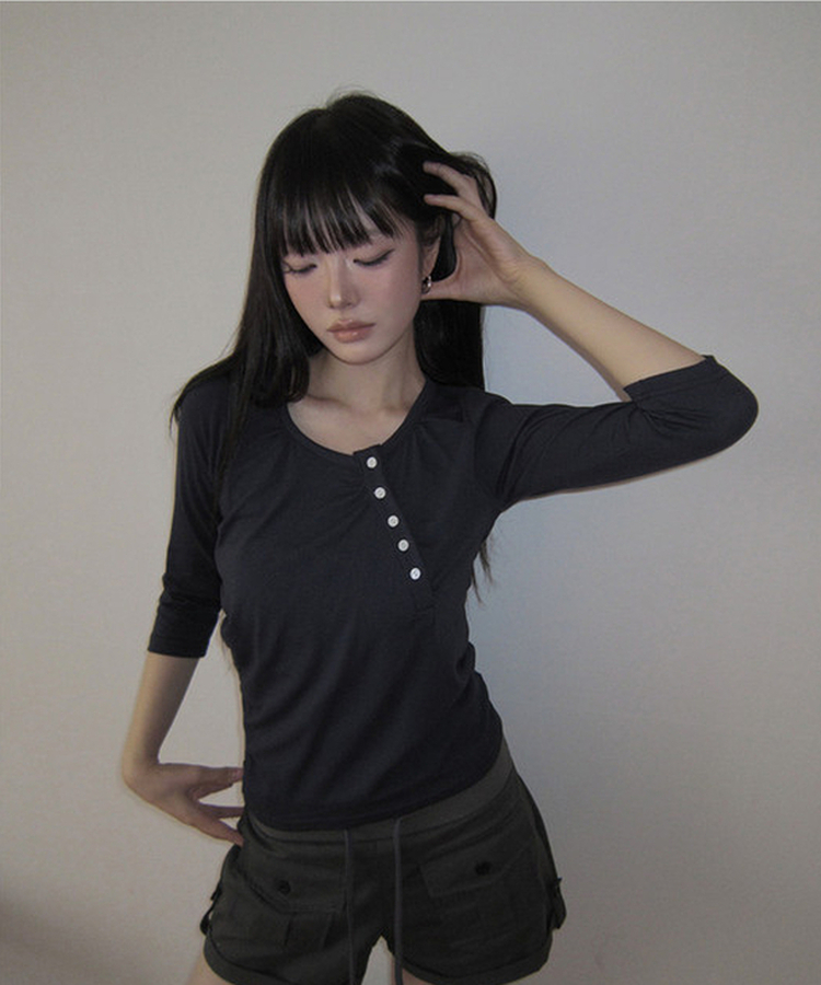 シャーリング七分袖Tシャツ NAVY