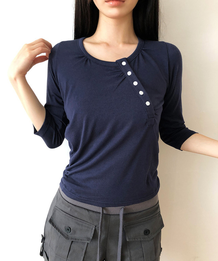 シャーリング七分袖Tシャツ NAVY