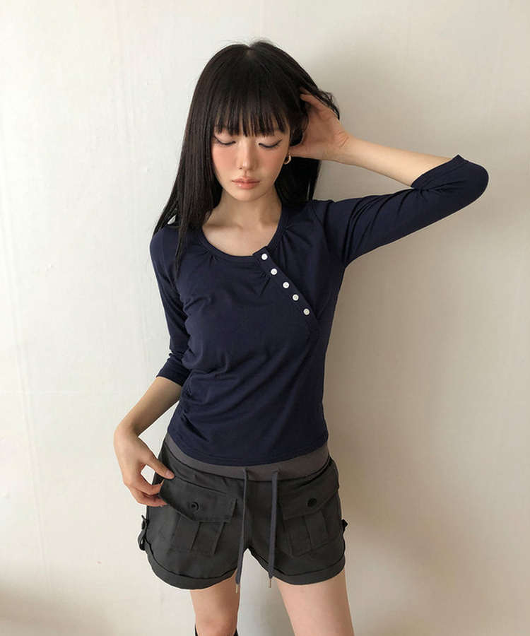シャーリング七分袖Tシャツ NAVY