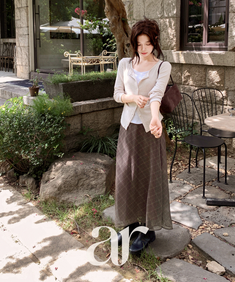 (韓国製)（国内製作）（ヴィンテージチェック／バックバンディング／ふわふわシフォン♥）チェック シフォン ロングスカート BROWN