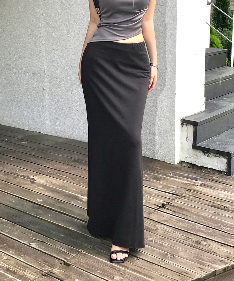 ウエストゴムAラインストレッチロングスカート BLACK