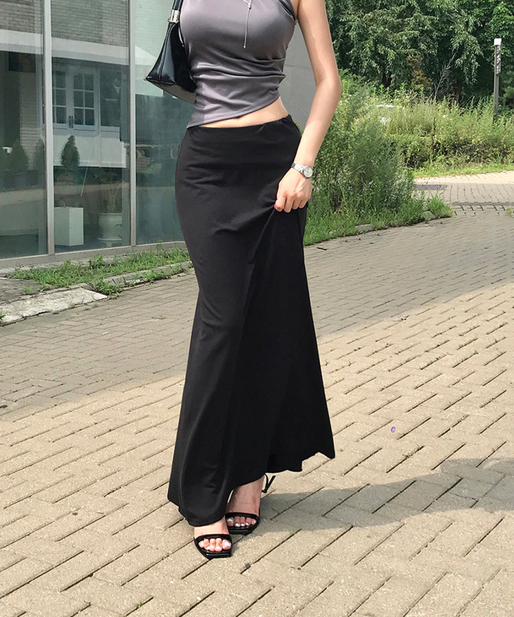 ウエストゴムAラインストレッチロングスカート BLACK