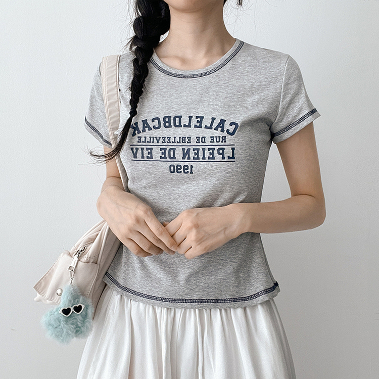 リンガーステッチクロップド半袖Tシャツ GREY