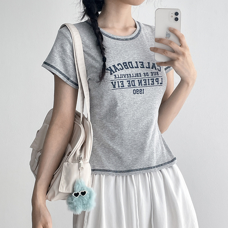 リンガーステッチクロップド半袖Tシャツ GREY