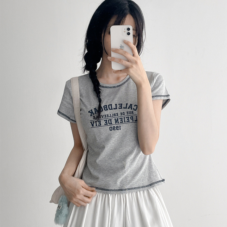 リンガーステッチクロップド半袖Tシャツ GREY