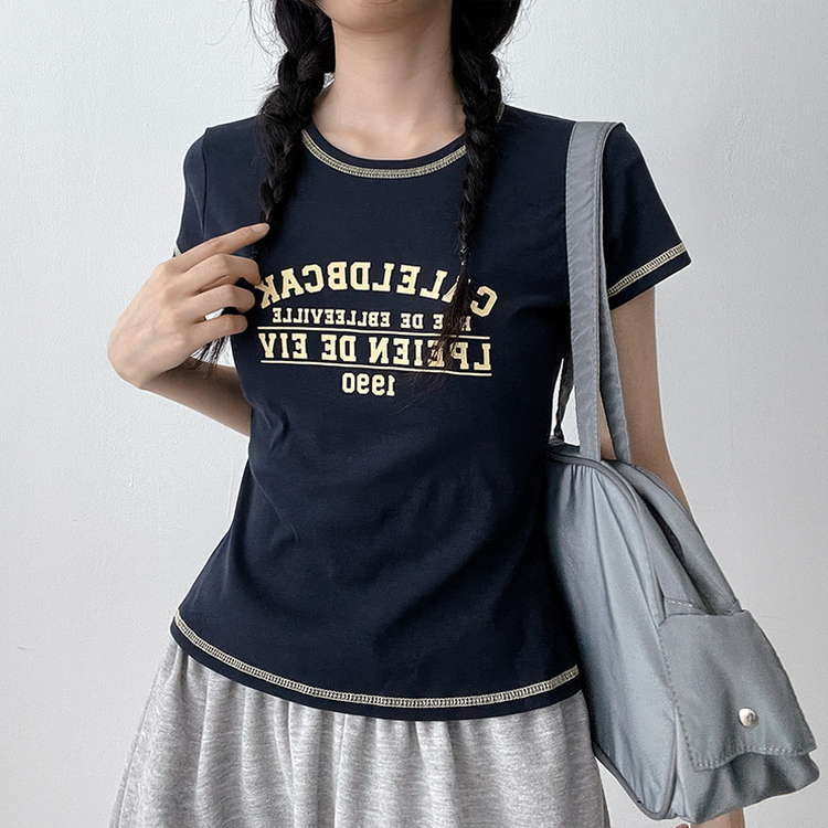 リンガーステッチクロップド半袖Tシャツ NAVY