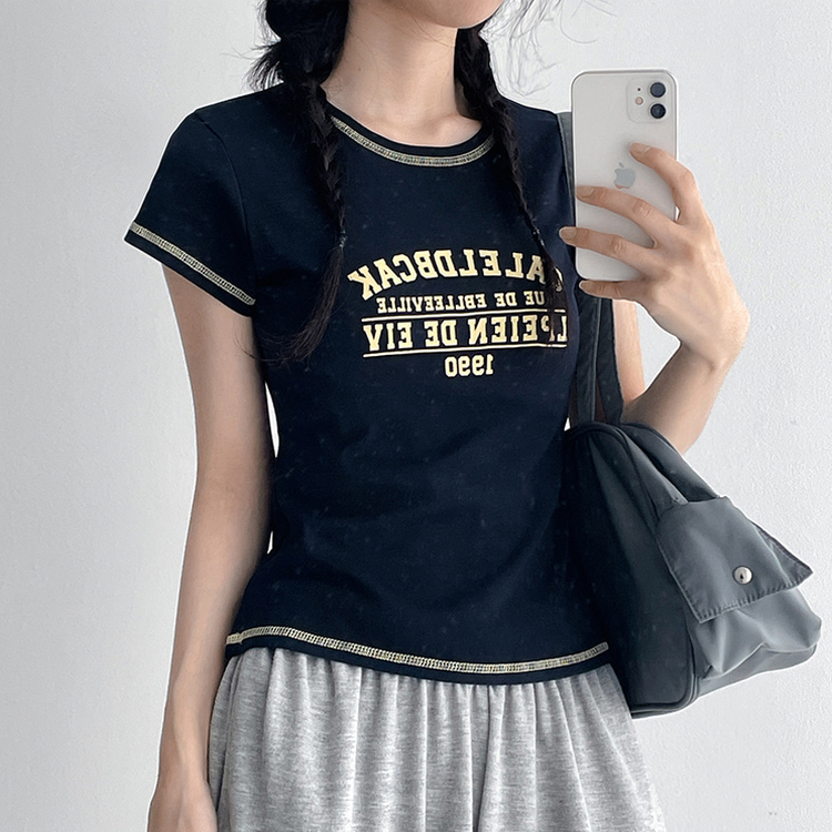 リンガーステッチクロップド半袖Tシャツ NAVY