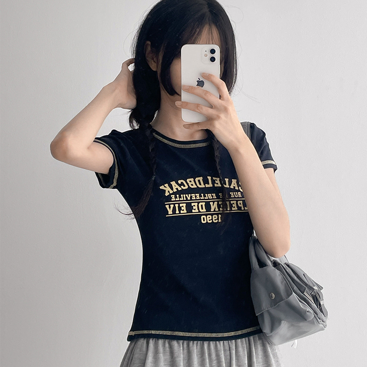 リンガーステッチクロップド半袖Tシャツ NAVY