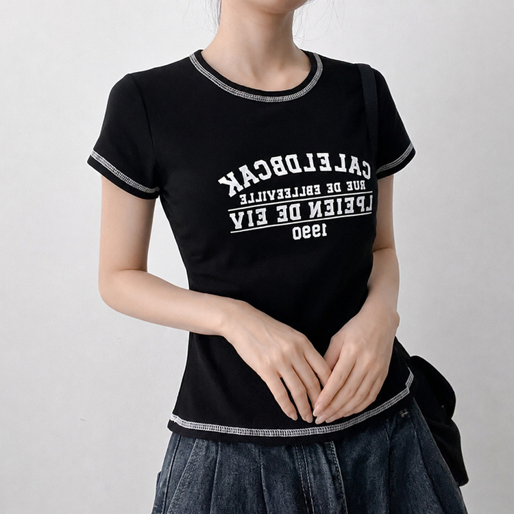 リンガーステッチクロップド半袖Tシャツ BLACK