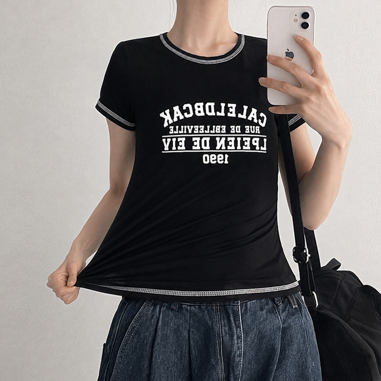 リンガーステッチクロップド半袖Tシャツ BLACK