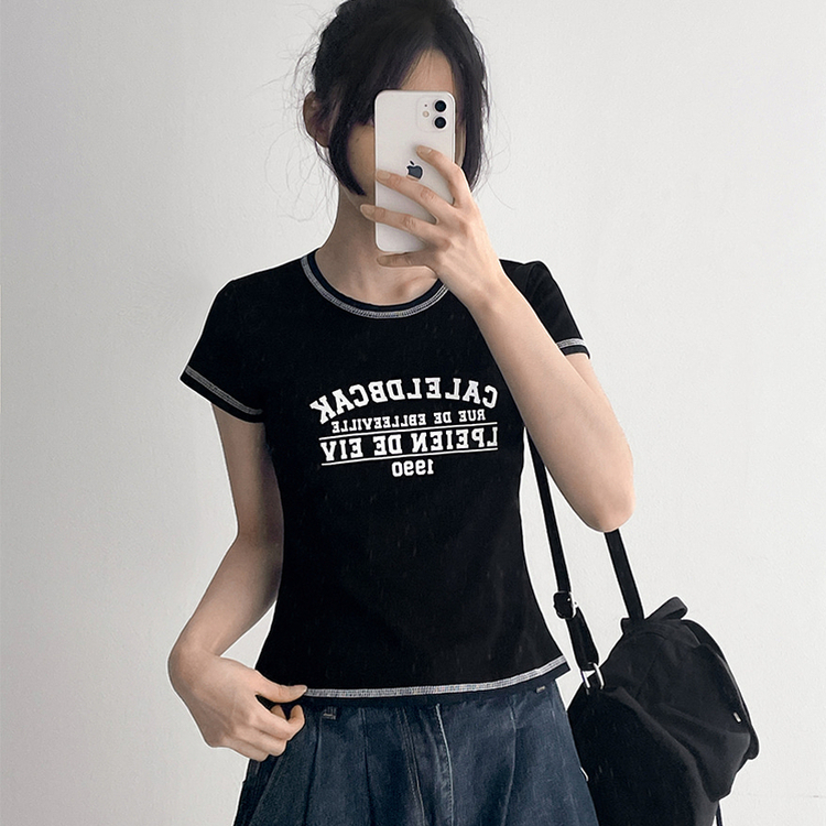 リンガーステッチクロップド半袖Tシャツ BLACK