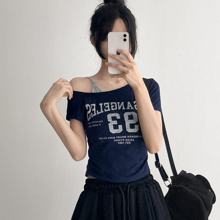 【カップ付き】ワンショルダー半袖Tシャツ NAVY
