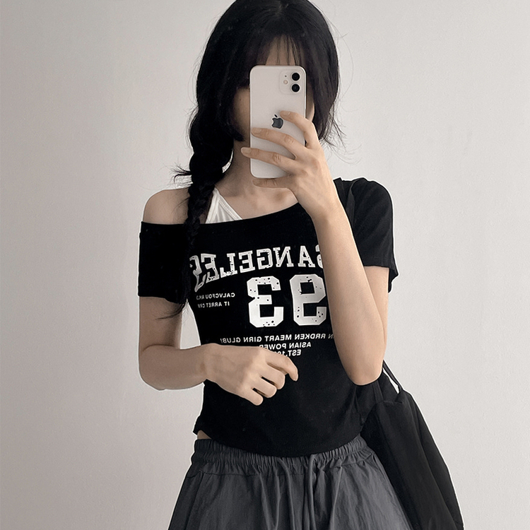【カップ付き】ワンショルダー半袖Tシャツ BLACK