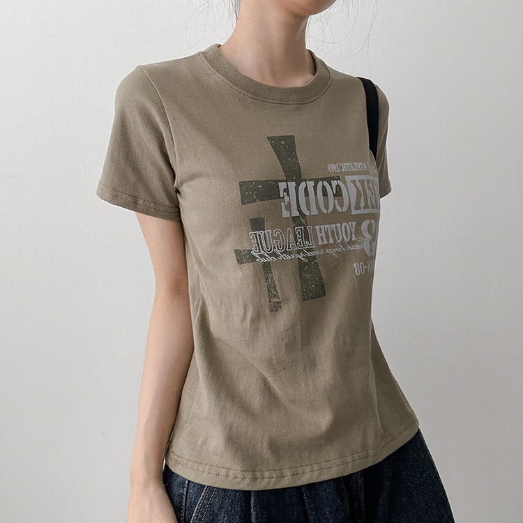 ビンテージレタリングクロップド半袖Tシャツ KHAKI