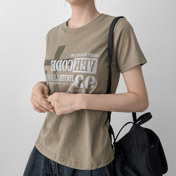 ビンテージレタリングクロップド半袖Tシャツ KHAKI
