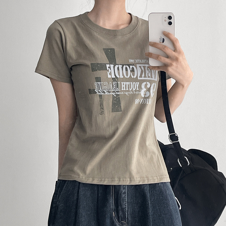 ビンテージレタリングクロップド半袖Tシャツ KHAKI