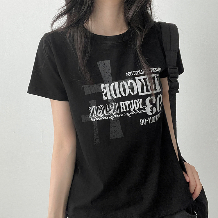 ビンテージレタリングクロップド半袖Tシャツ BLACK