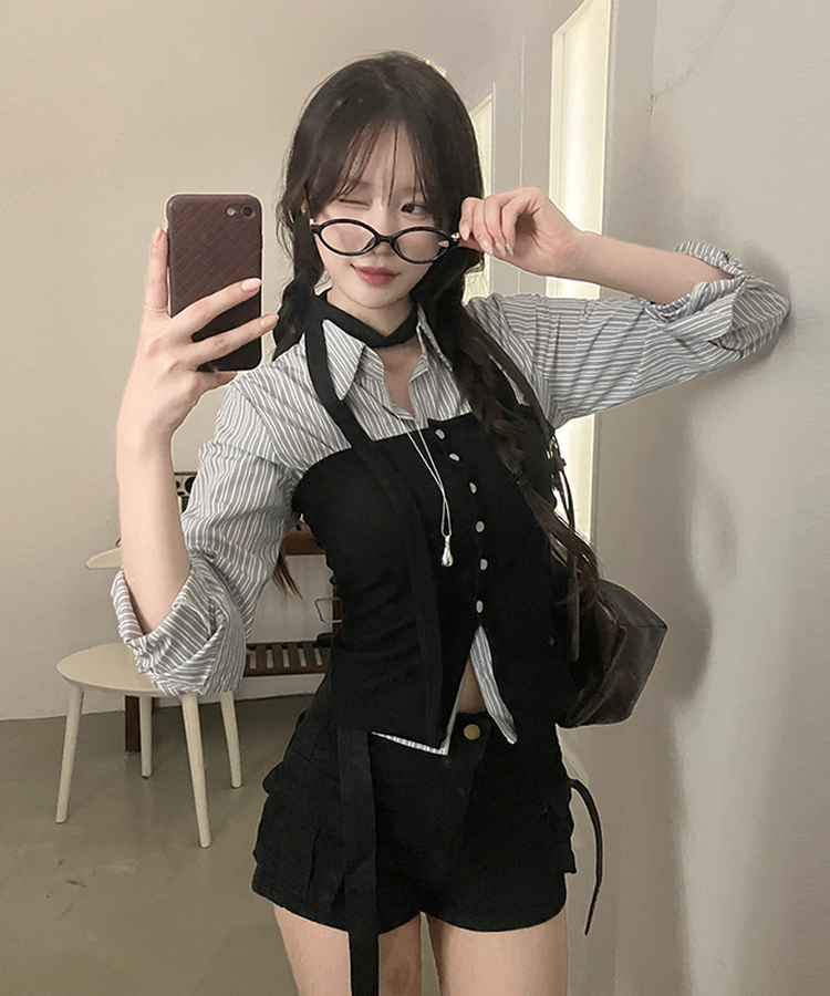 ストライプクロップドシャツ GREY
