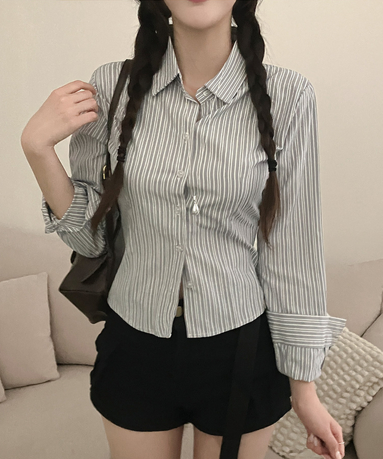 ストライプクロップドシャツ GREY