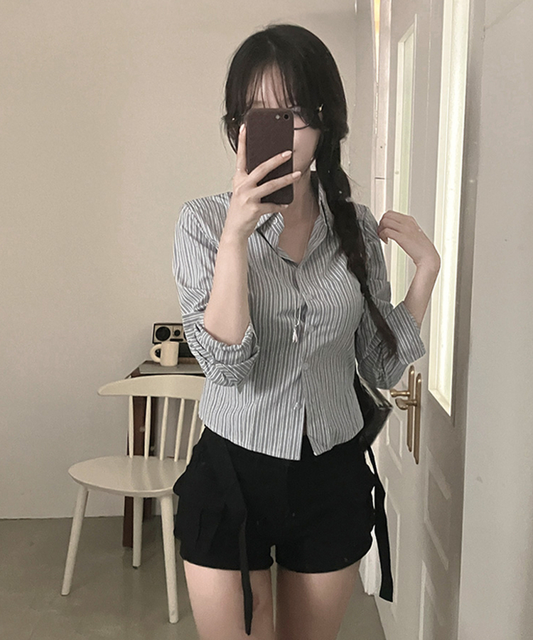 ストライプクロップドシャツ GREY