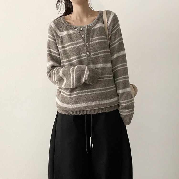 ボーダースナップニットTシャツ LIGHT BROWN