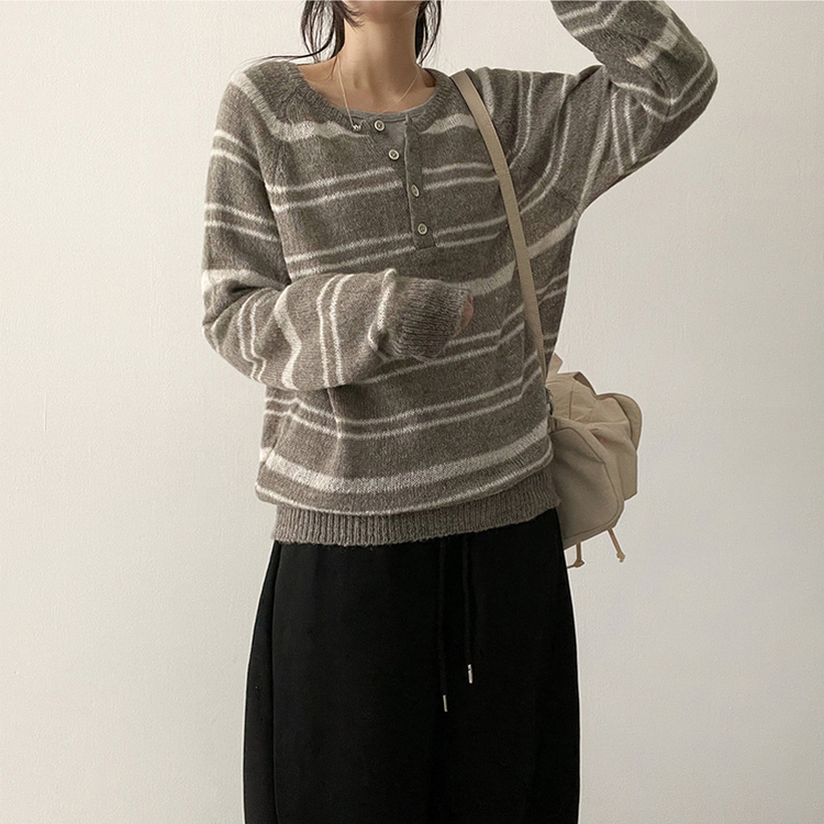 ボーダースナップニットTシャツ LIGHT BROWN
