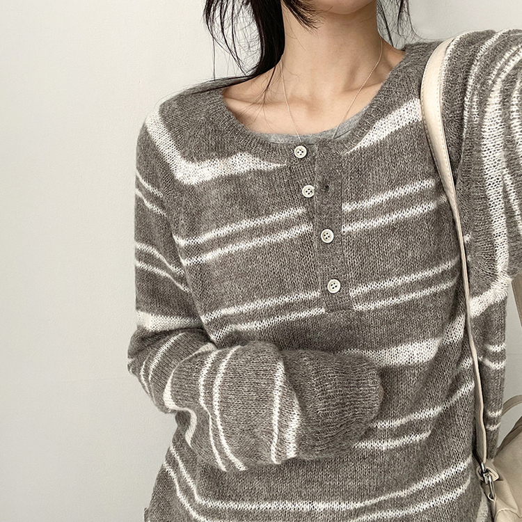 ボーダースナップニットTシャツ LIGHT BROWN