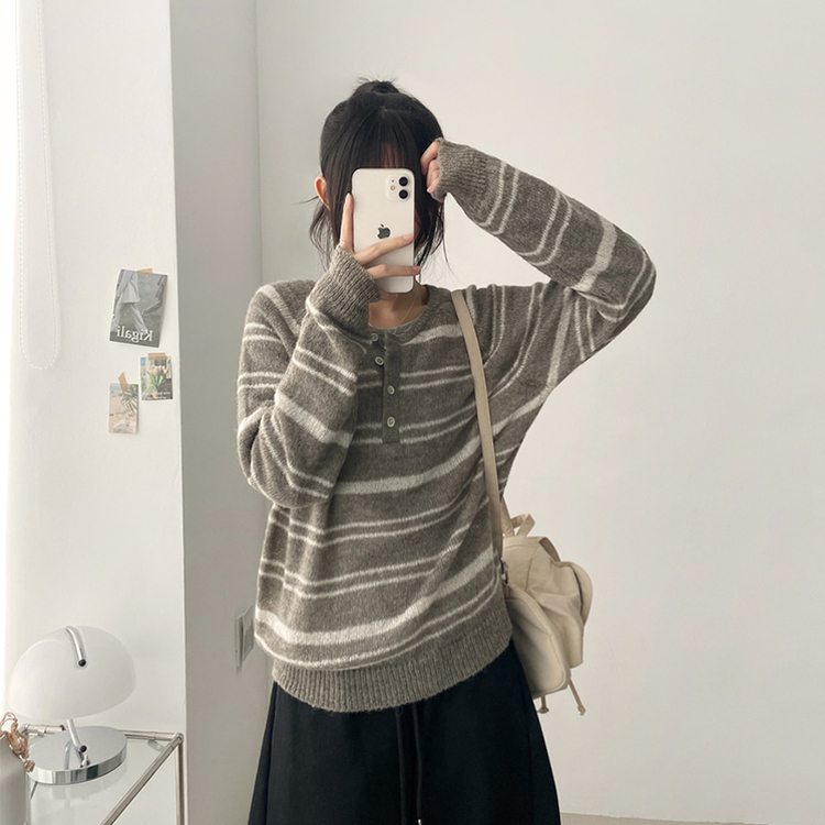 ボーダースナップニットTシャツ LIGHT BROWN