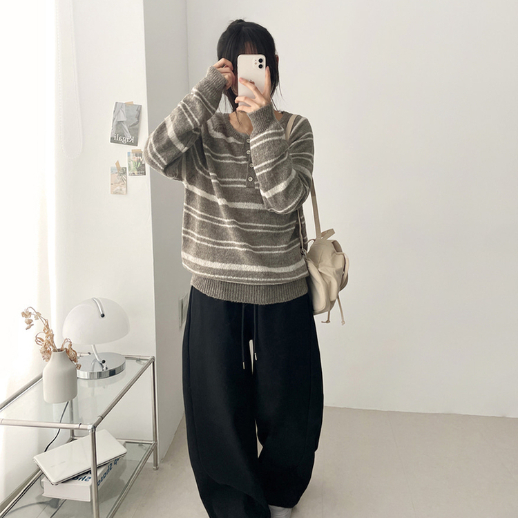 ボーダースナップニットTシャツ LIGHT BROWN