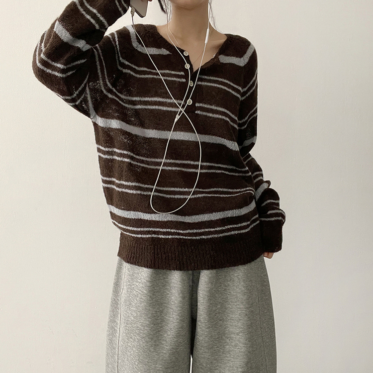 ボーダースナップニットTシャツ DEEP BROWN