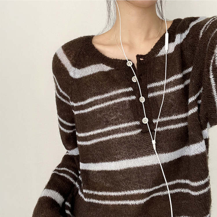 ボーダースナップニットTシャツ DEEP BROWN