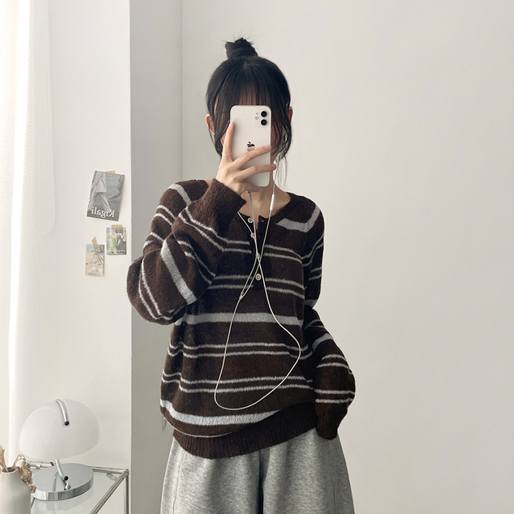 ボーダースナップニットTシャツ DEEP BROWN