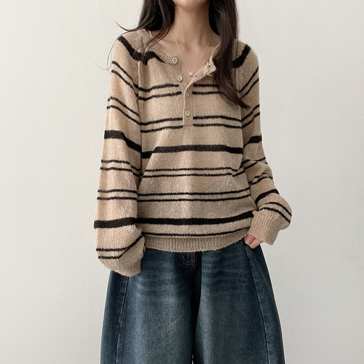 ボーダースナップニットTシャツ DEEP BEIGE