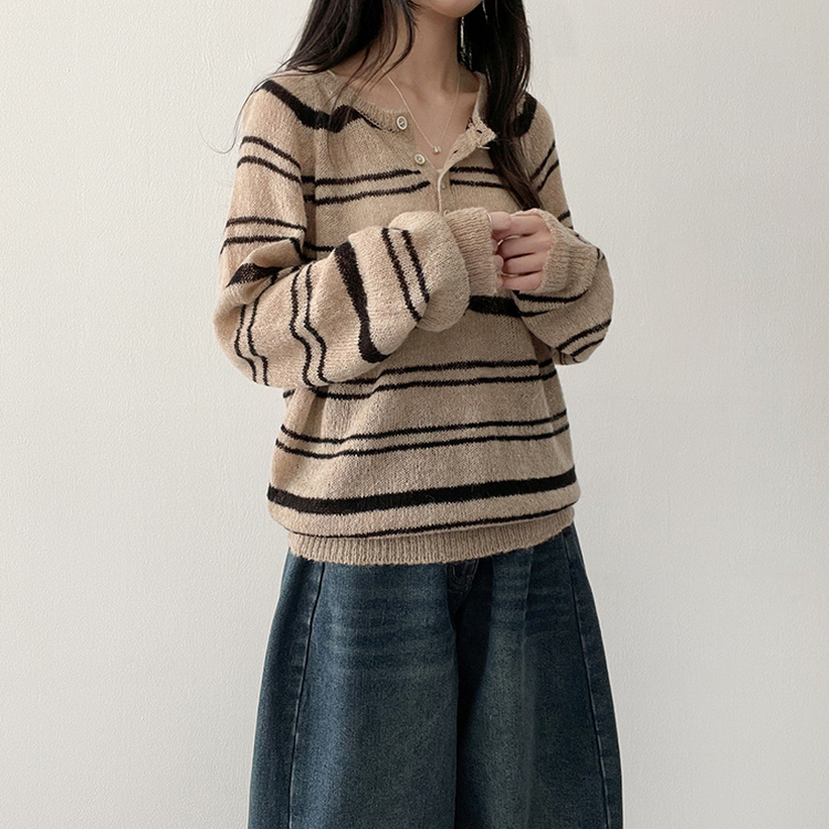 ボーダースナップニットTシャツ DEEP BEIGE