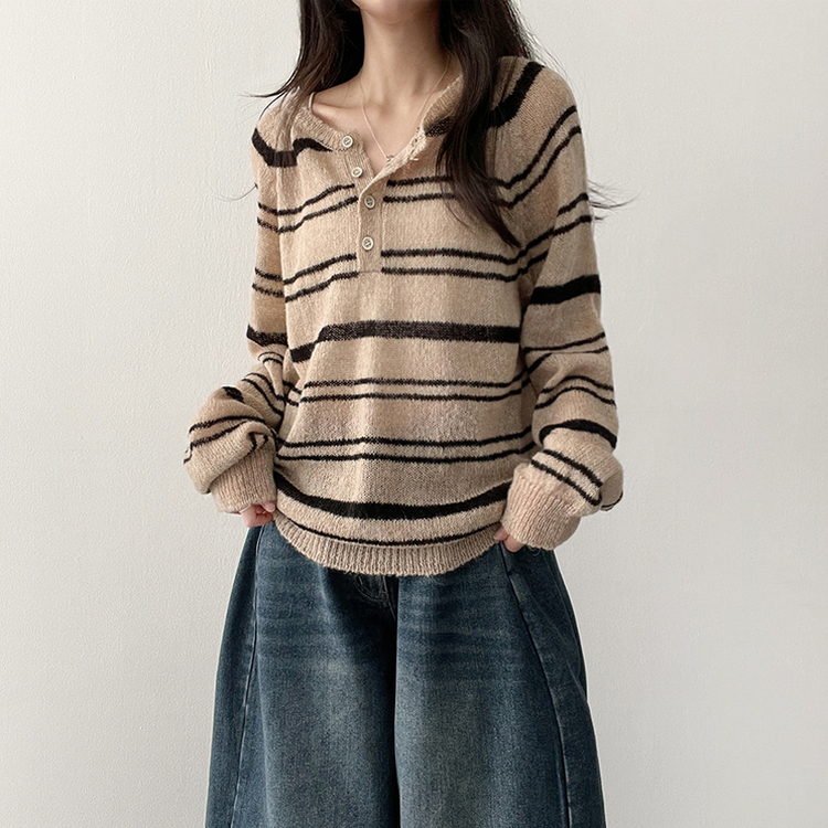 ボーダースナップニットTシャツ DEEP BEIGE