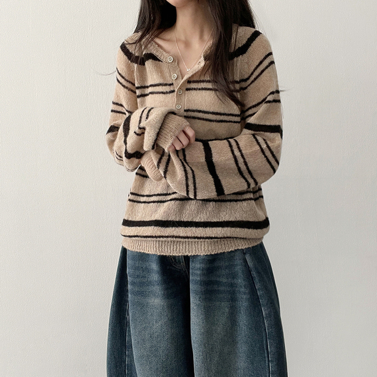 ボーダースナップニットTシャツ DEEP BEIGE