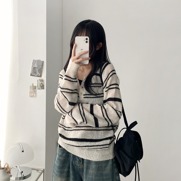 ボーダースナップニットTシャツ CREAM