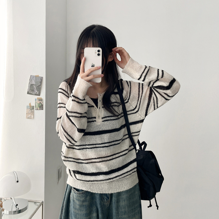 ボーダースナップニットTシャツ CREAM
