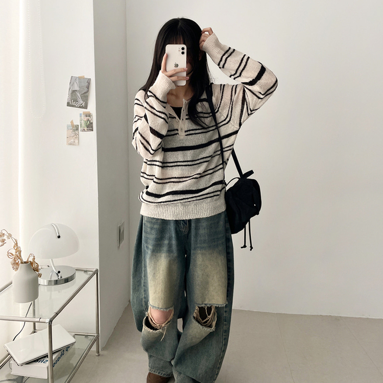 ボーダースナップニットTシャツ CREAM