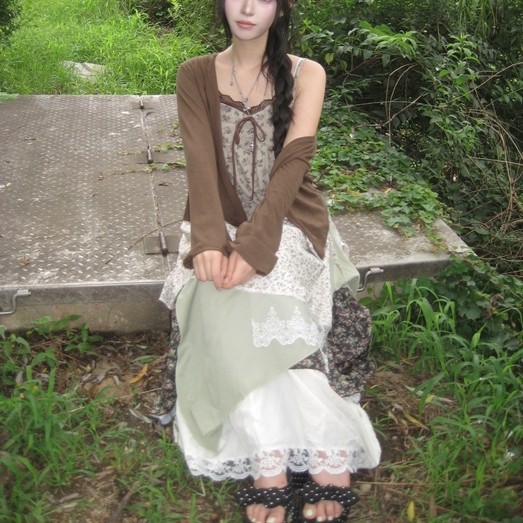 フラワーレースティアードロングスカート KHAKI