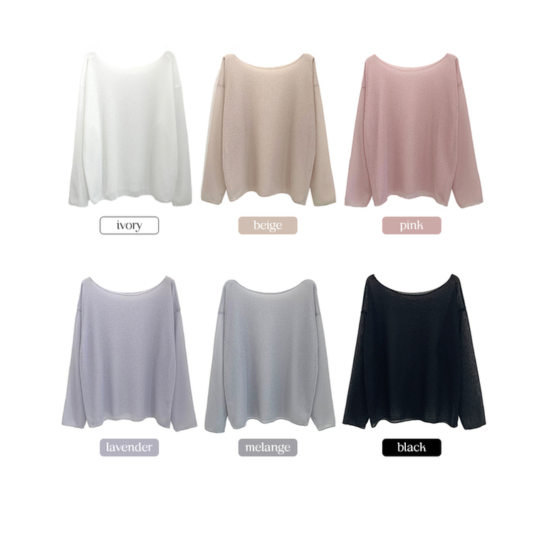 シースルーボートネックオフショル長袖ニットTシャツ(6color)