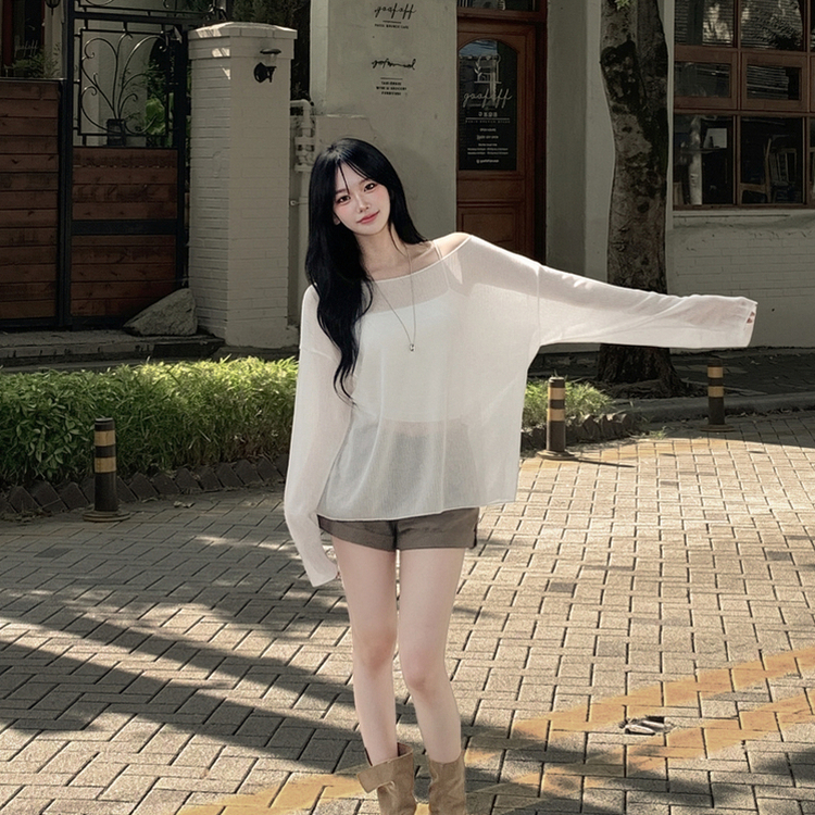 シースルーボートネックオフショル長袖ニットTシャツ(6color) IVORY