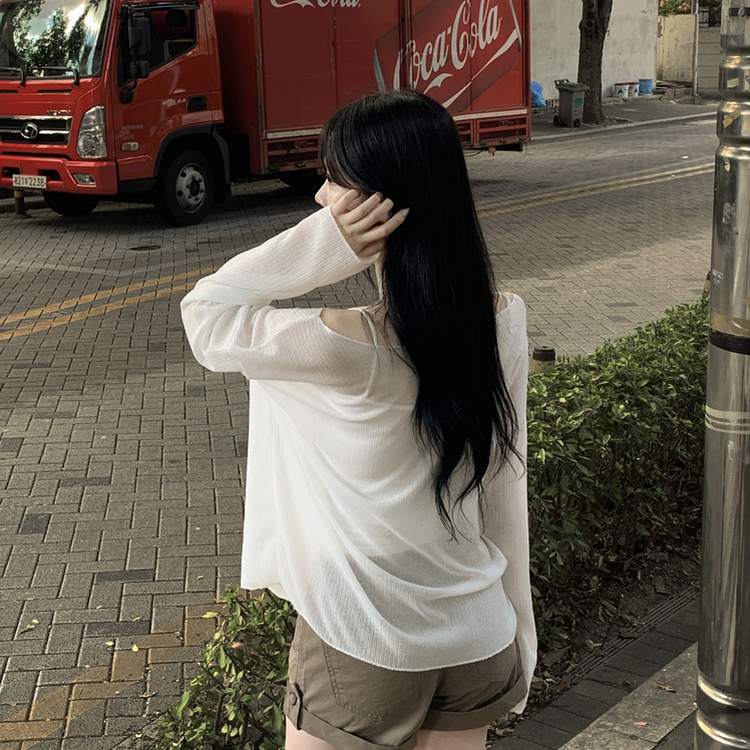 シースルーボートネックオフショル長袖ニットTシャツ(6color) IVORY